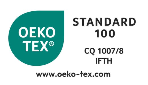 OEKO-TEX® STANDARD 100 certified product, CQ 1007/8 certificate, IFTH. This label guarantees the chemical safety of certified products.